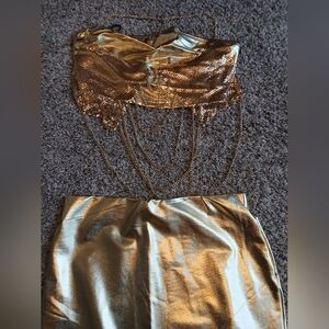 SHEIN Gold Metallic Skirt Set